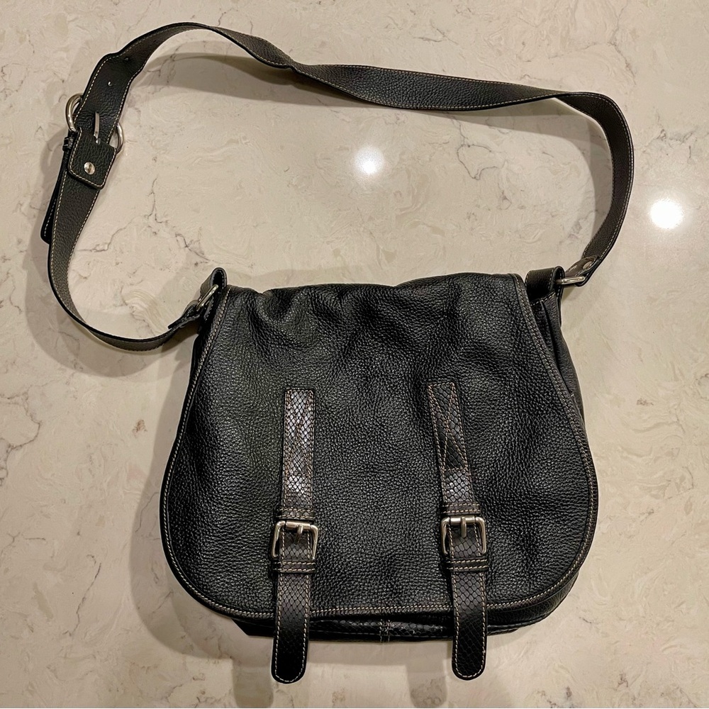 Sundance Black Leather Crossbody Shoulder Bag w Buckles NEW